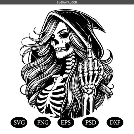 Female Grim Reaper Skeleton SVG PNG, Middle Finger Skull Vector SVG PNG