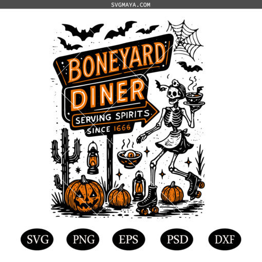 Boneyard Diner PNG SVG, Spooky Halloween Skeleton Retro Diner Sign SVG PNG,  Funny Ghost SVG