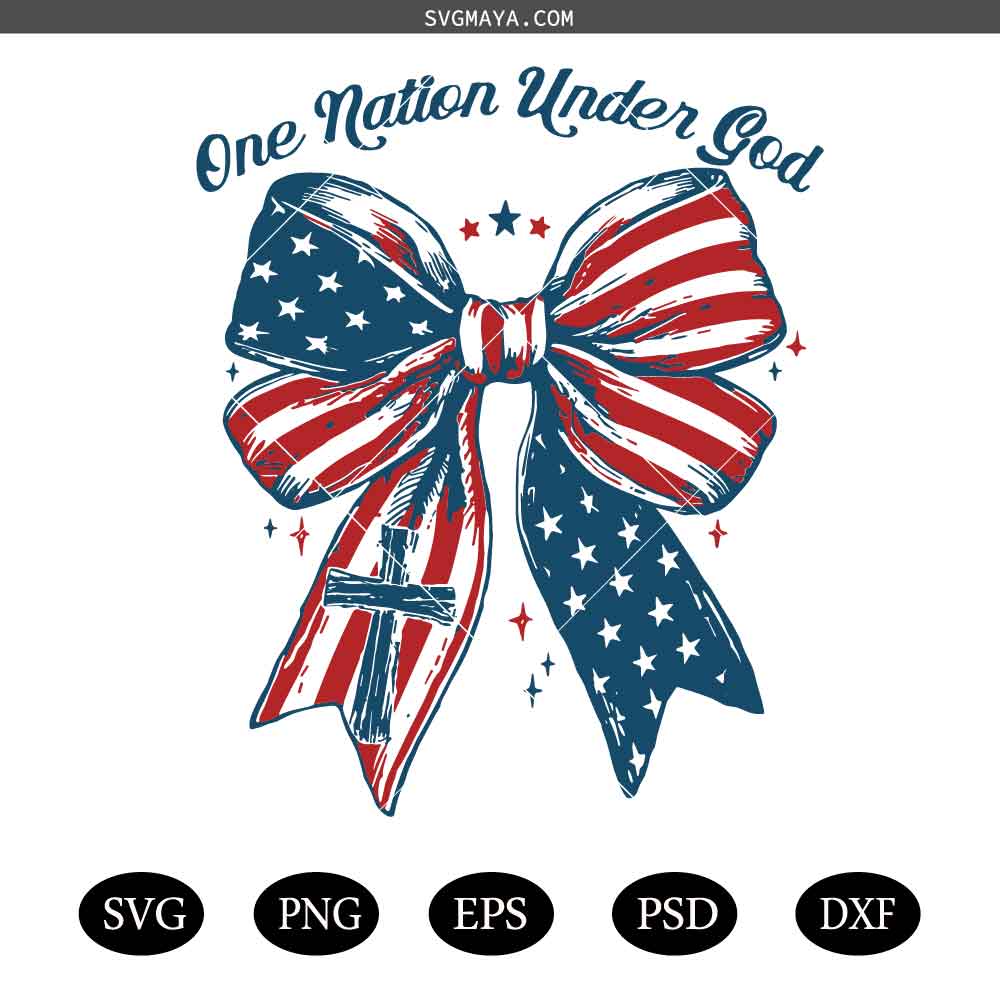 One Nation Under God Coquette Bow Christian SVG PNG, Christian Independence Day SVG PNG, Coquette American Flag Cross Retro SVG PNG